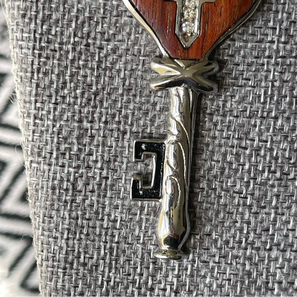 BLUE STEEL | Star Cross Key Stainless Steel Wood Inlay CZ Heart Key Pendant - Picture 4 of 10